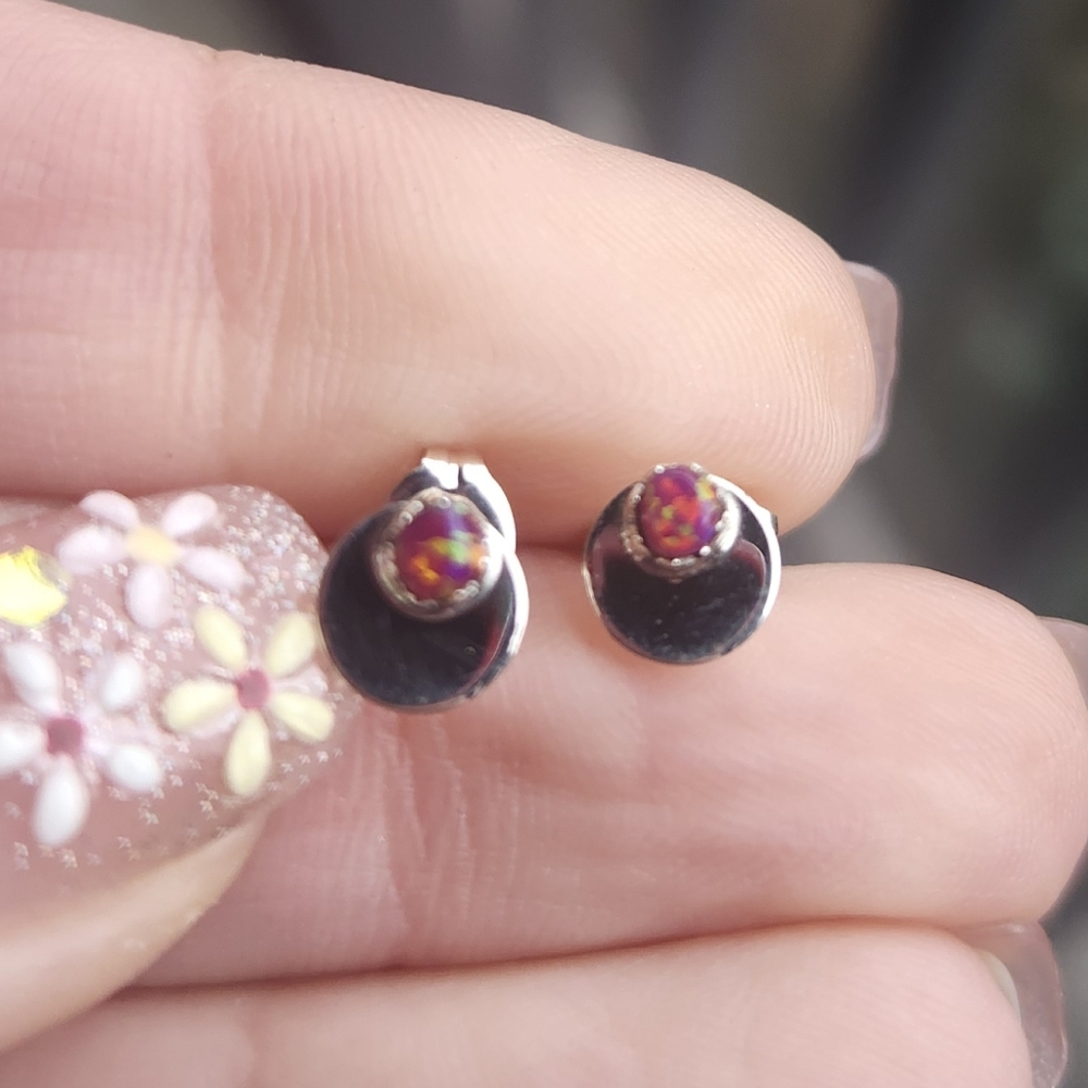 Handmade Sterling Silver 925 Lab Pink Opal Dainty Stud Earrings